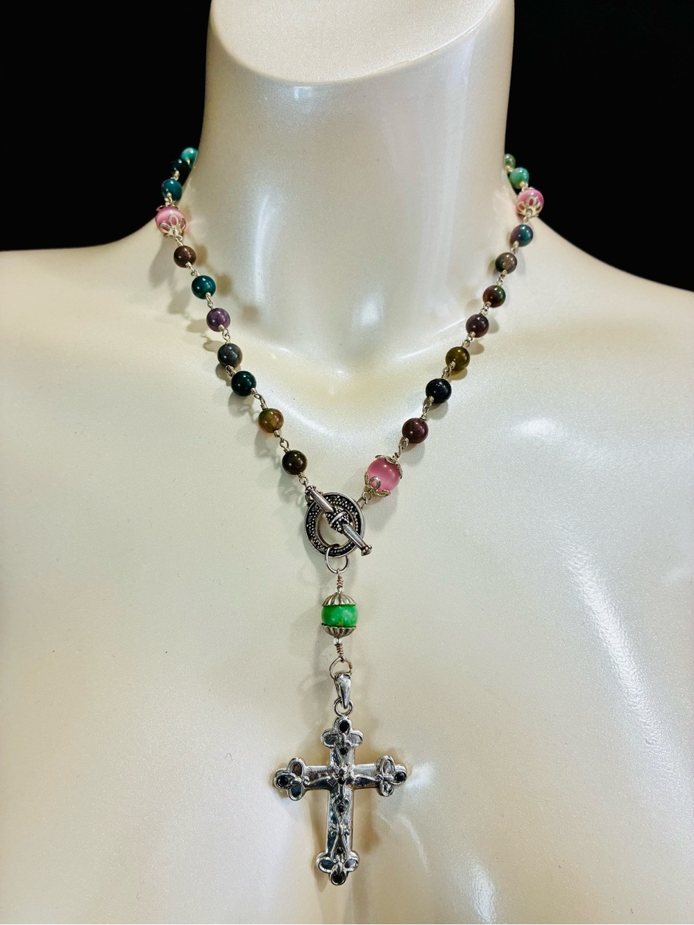 Multicolor Gemstone Beaded Rosary Style Cross Pendant 925 Toggle Necklace EUC